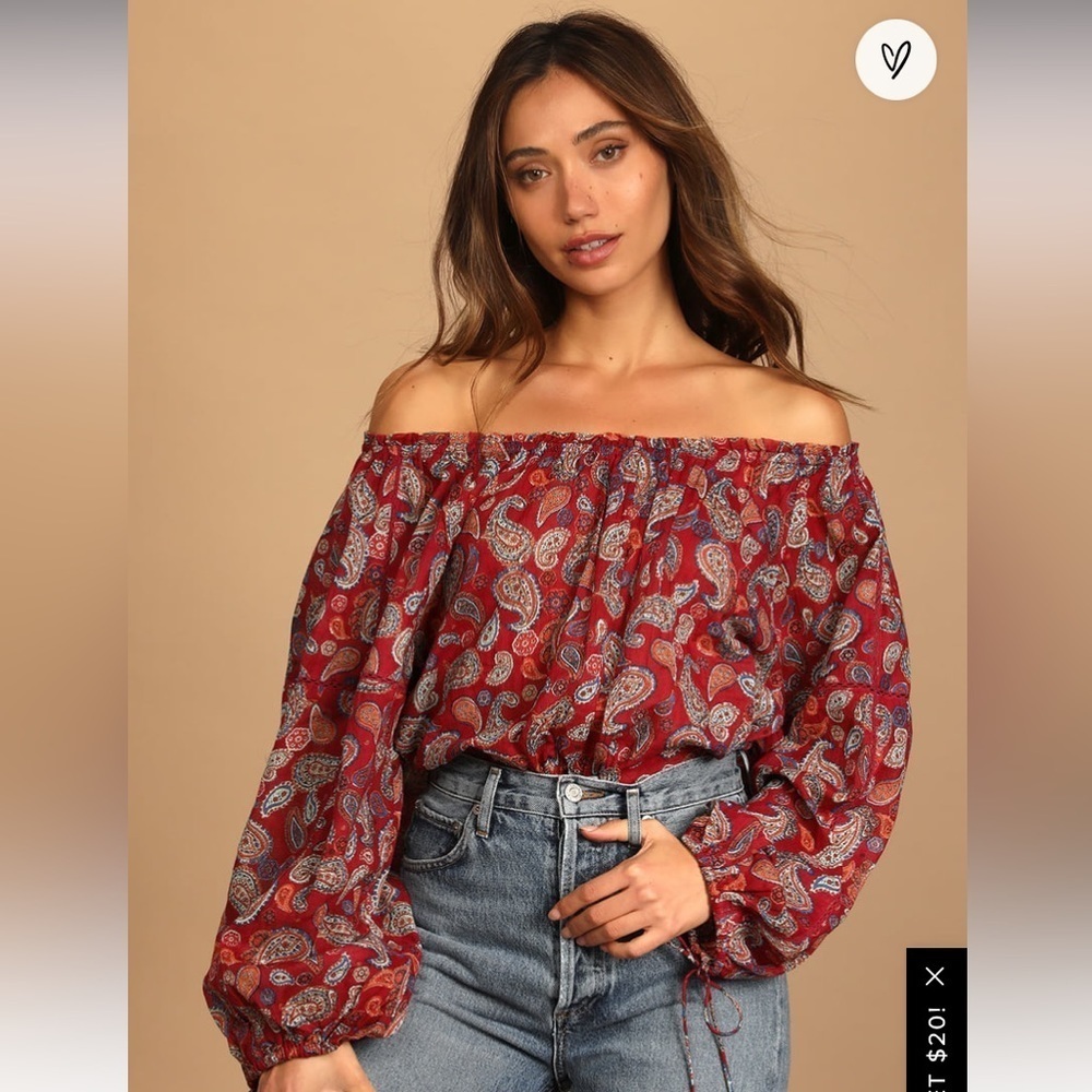Free People Sundown Rust Red Paisley Print Off-the-Shoulder Bodysuit Sz S NEW